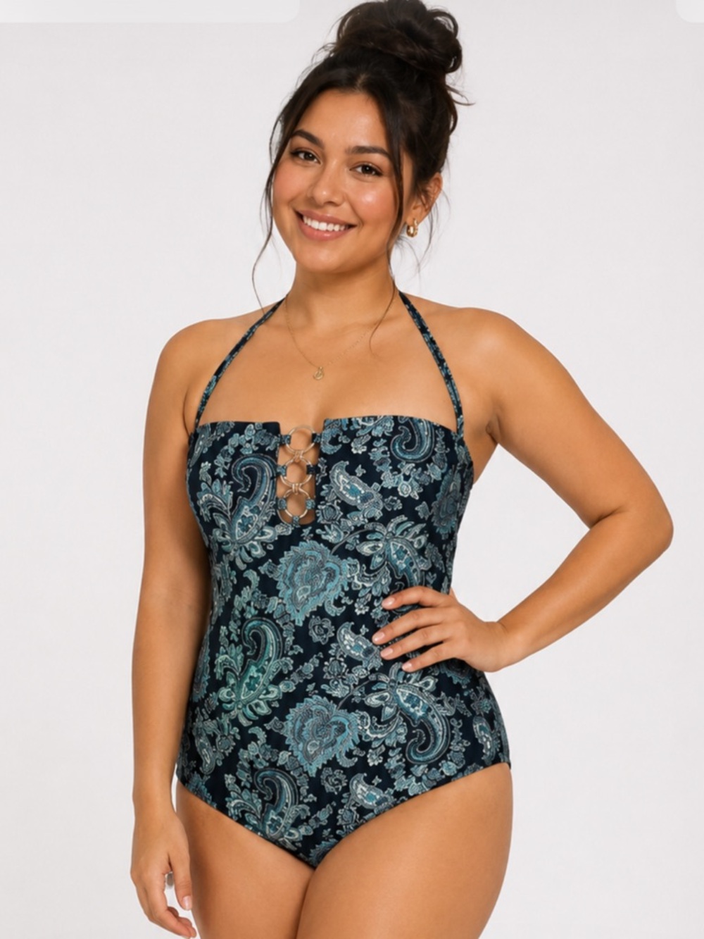 Michael Kors Navy Paisley One-Piece Swimsuit with Aqua Accents Size 12